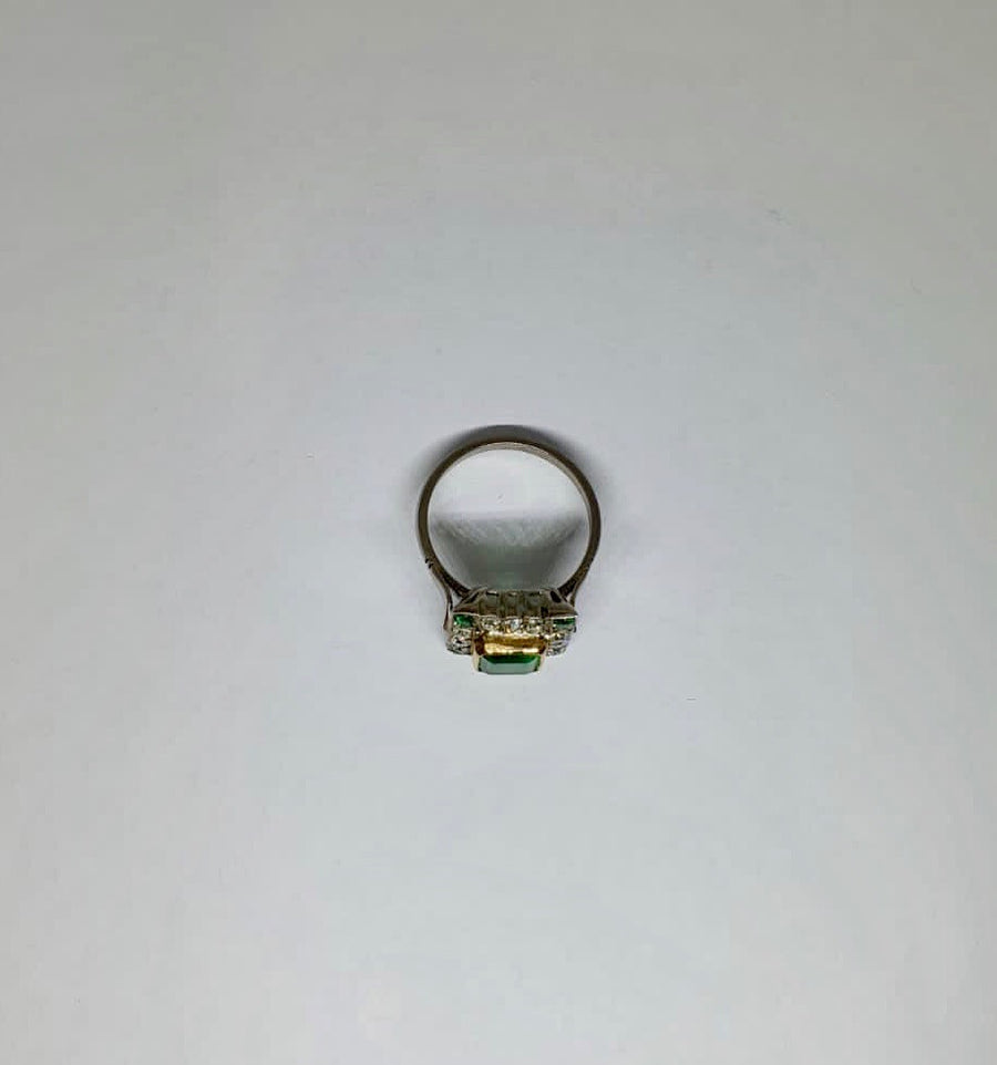 White Gold Art Deco Style Vintage Diamond and Emerald Ring