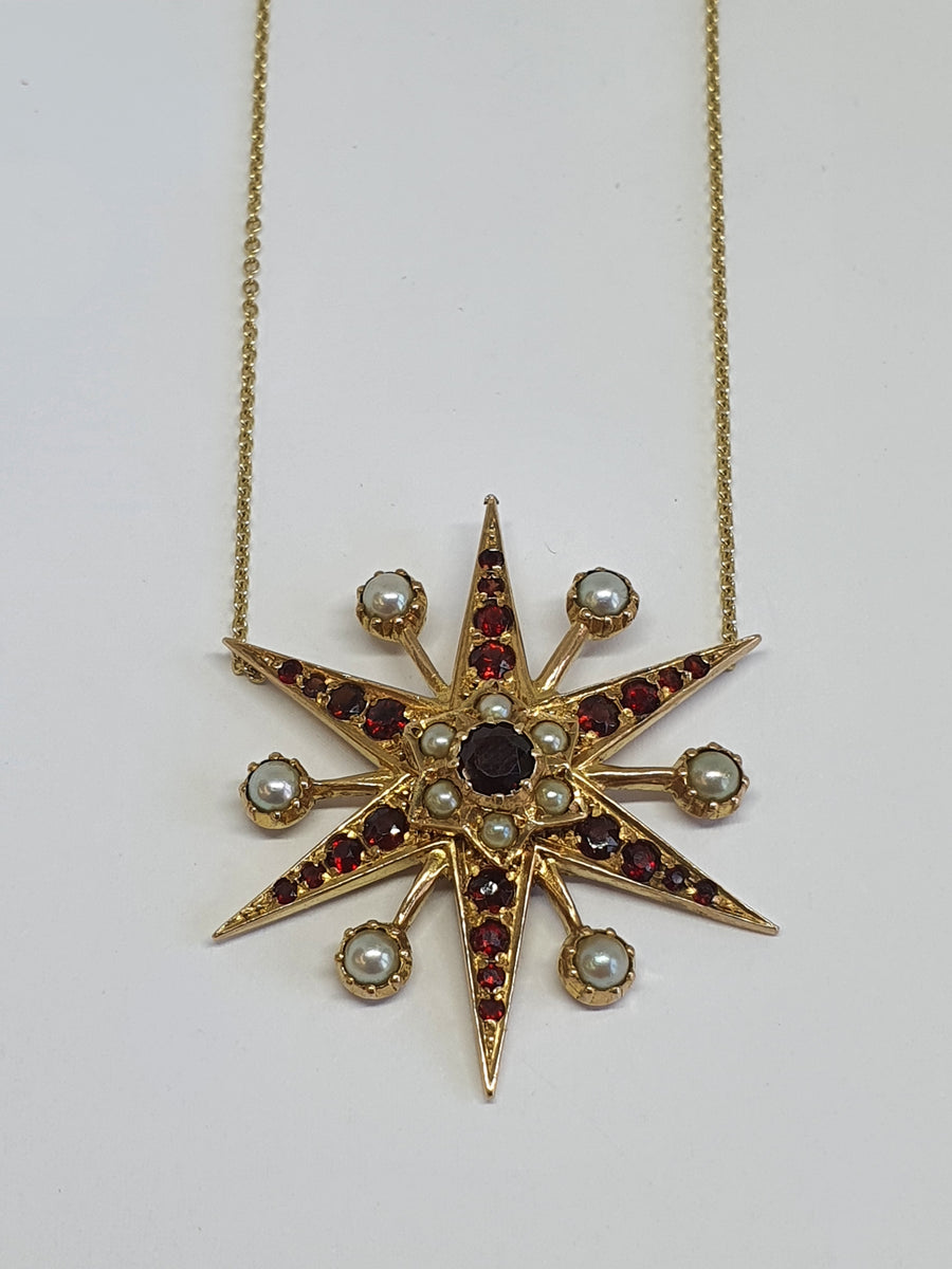 Victorian style Garnet and Pearl star necklace