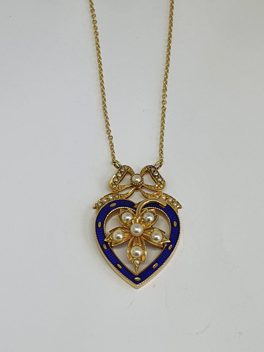 Victorian Pearl and Enamel heart, flower and bow necklace.