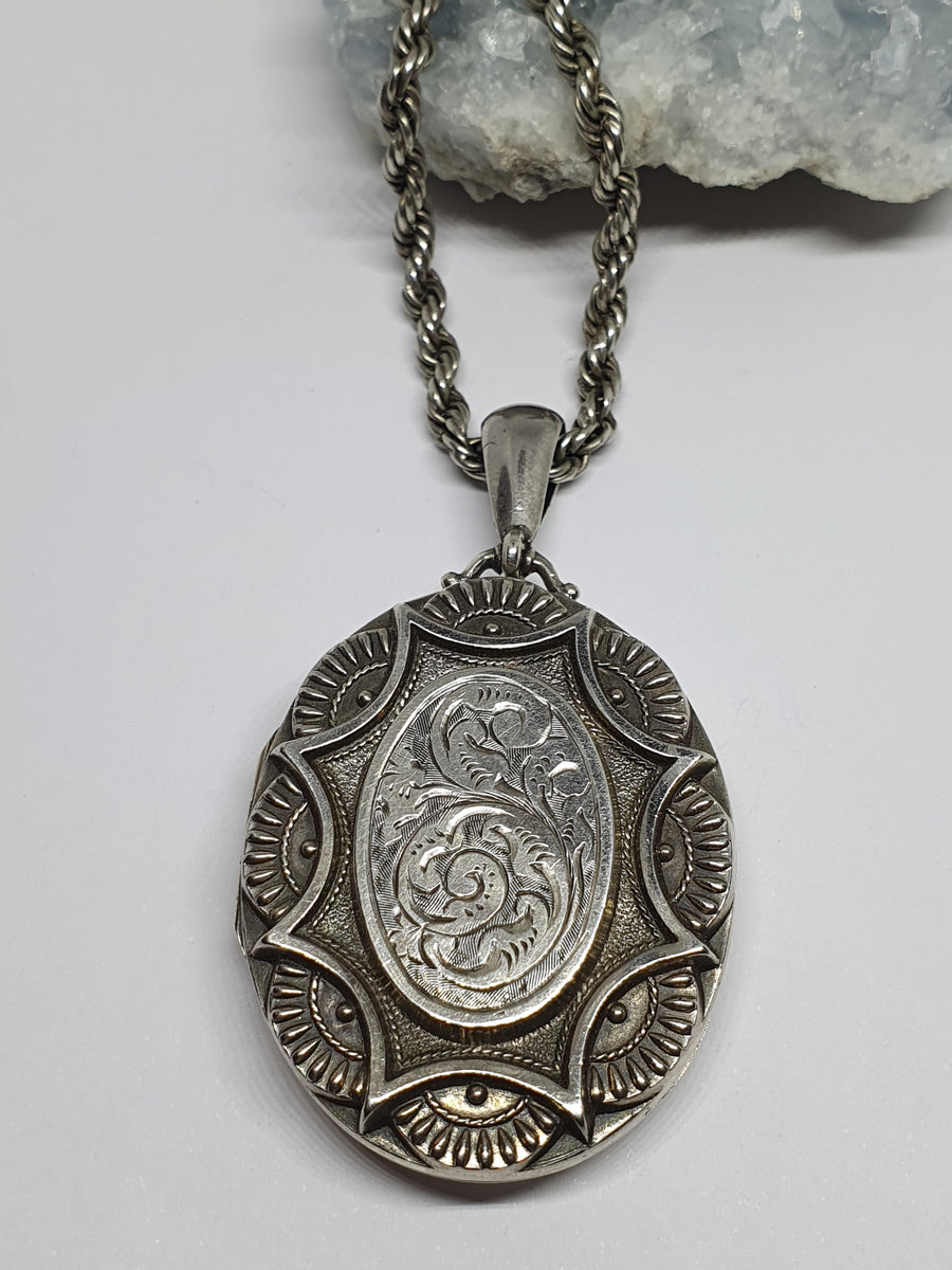 Victorian Silver Hand-Engraved Locket and Rope Chain