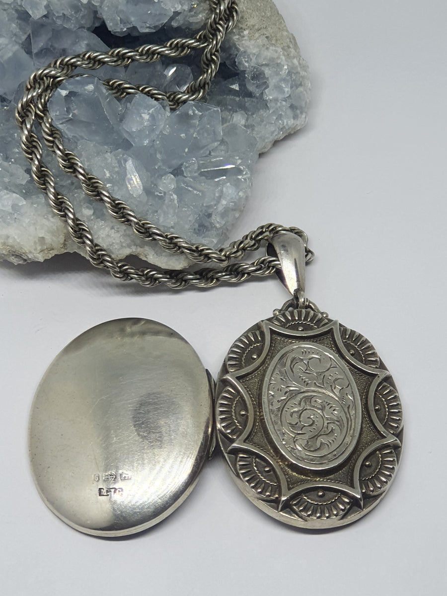Victorian Silver Hand-Engraved Locket and Rope Chain