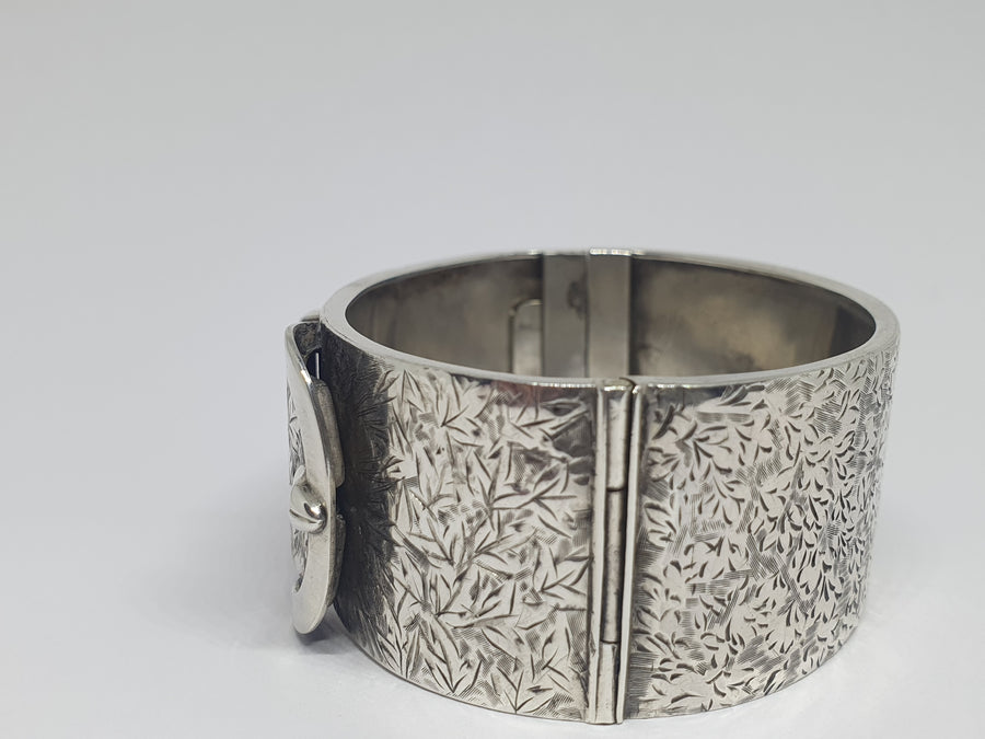 Victorian Silver Hand-Engraved Buckle Bangle