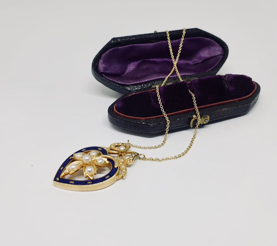Victorian Pearl and Enamel heart, flower and bow necklace.
