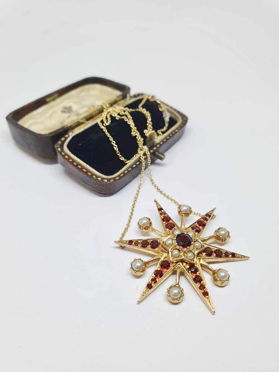 Victorian style Garnet and Pearl star necklace