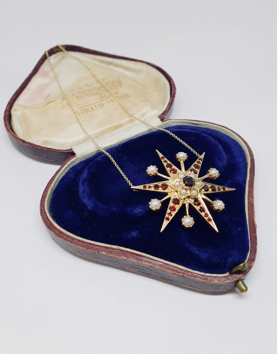 Victorian style Garnet and Pearl star necklace