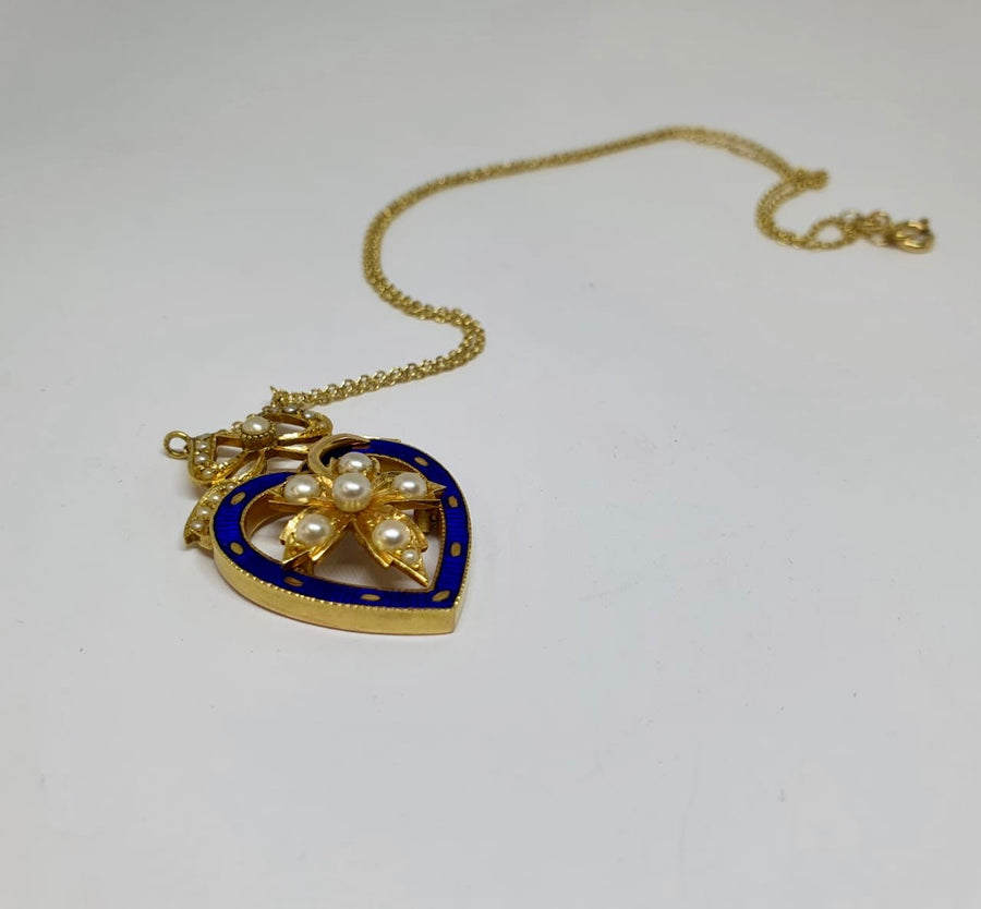Victorian Pearl and Enamel heart, flower and bow necklace.