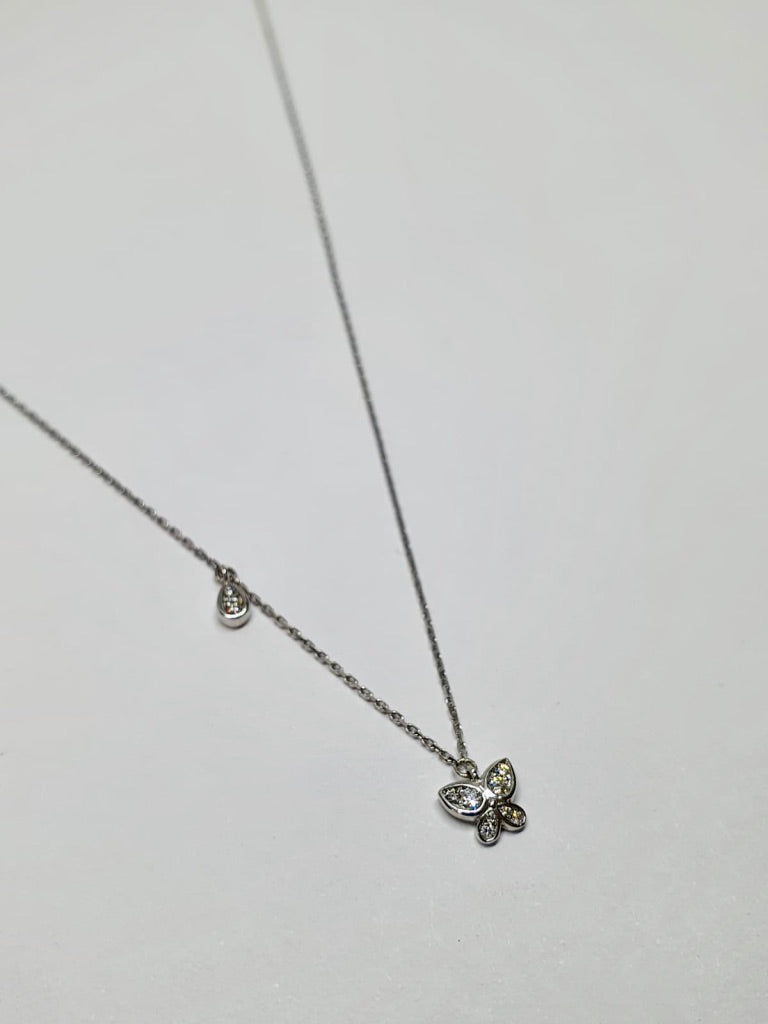 18 carat white gold Butterfly and Raindrop Necklace