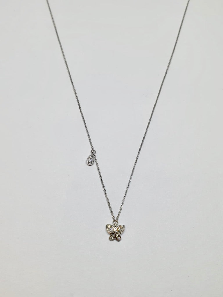 18 carat white gold Butterfly and Raindrop Necklace