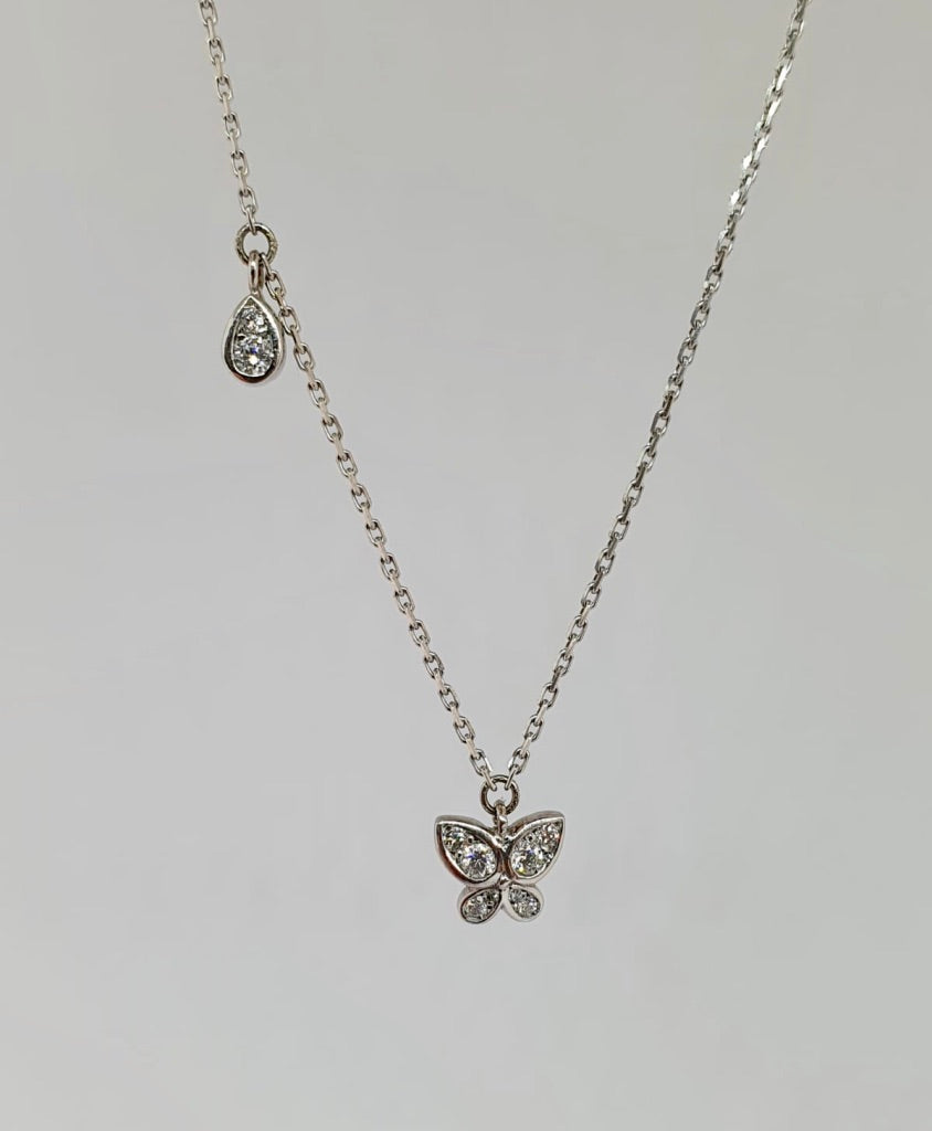 18 carat white gold Butterfly and Raindrop Necklace