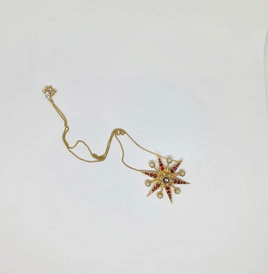 Victorian style Garnet and Pearl star necklace