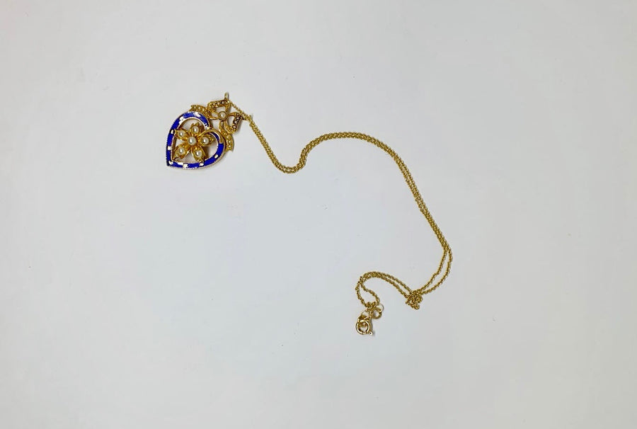 Victorian Pearl and Enamel heart, flower and bow necklace.