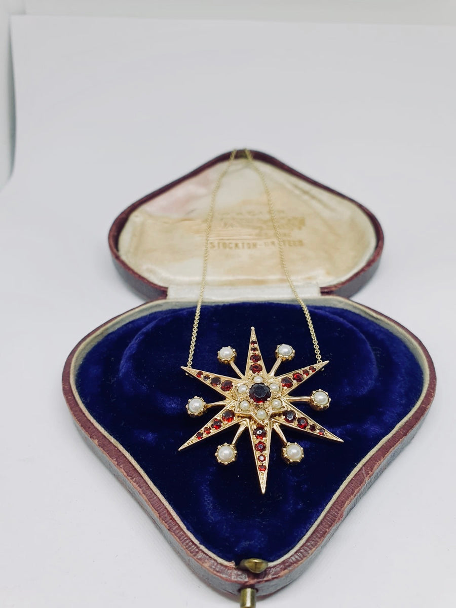 Victorian style Garnet and Pearl star necklace