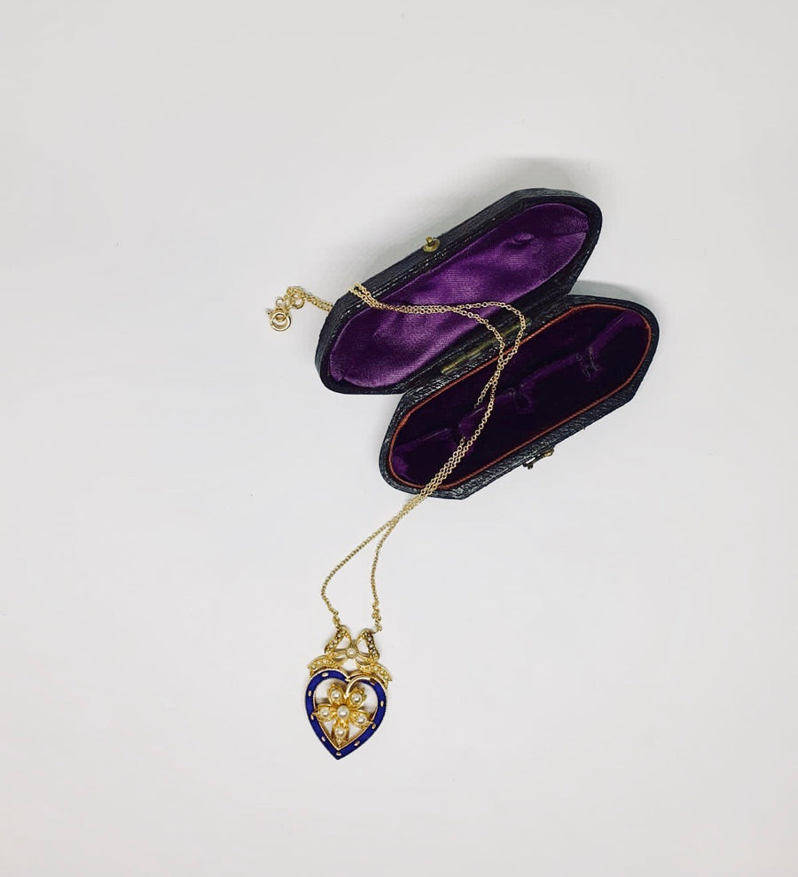 Victorian Pearl and Enamel heart, flower and bow necklace.