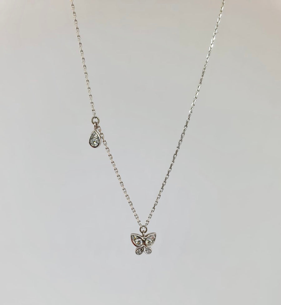 18 carat white gold Butterfly and Raindrop Necklace